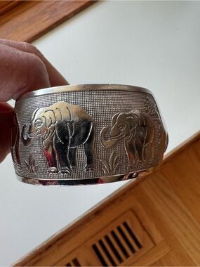 "Vintage Silver plated Cuff," "Embossed Elephant Parade," "Trunk Up Good Luck,"